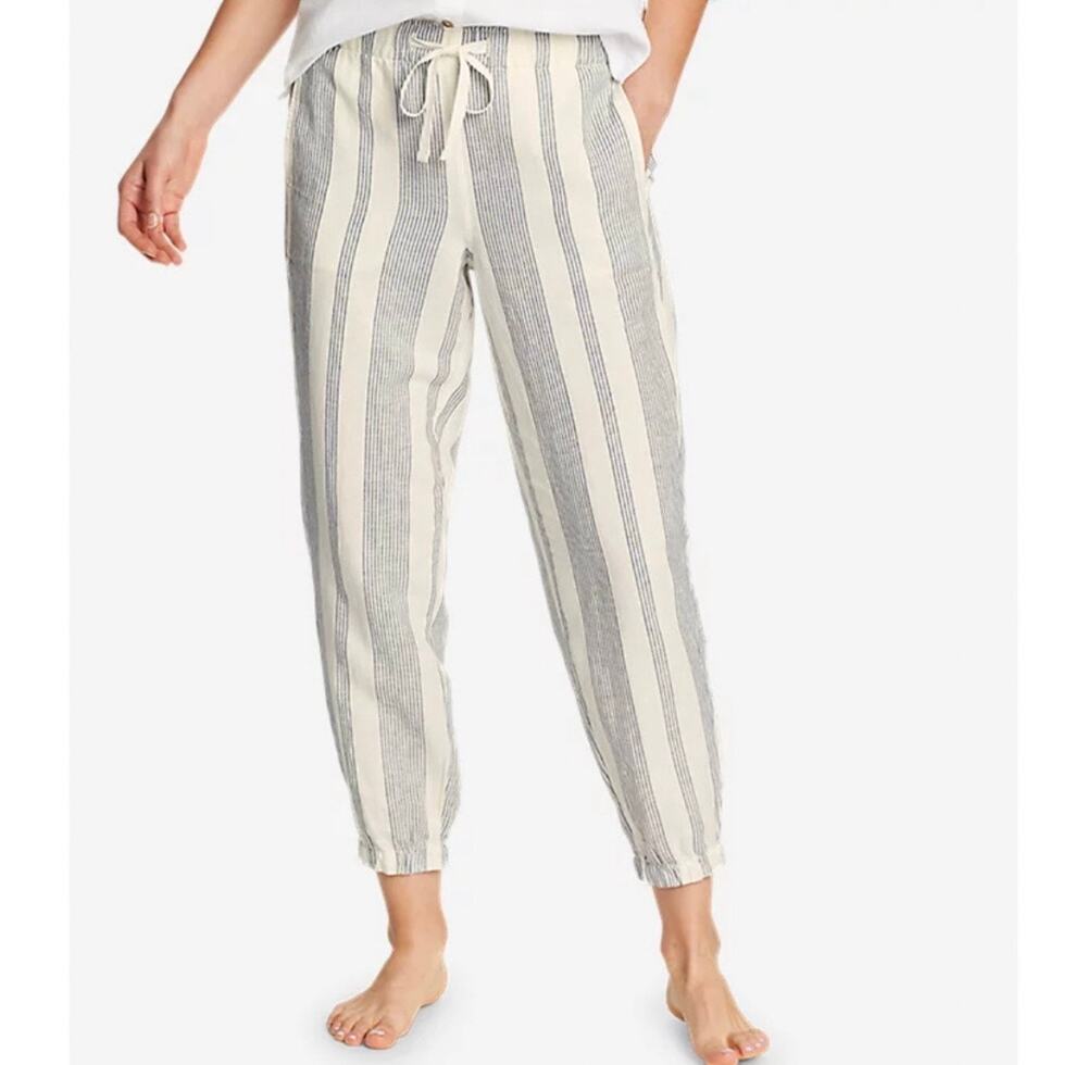 Eddie Bauer Linen Cotton Jogger Pants Striped White Blue Summer Sz 10 Pockets